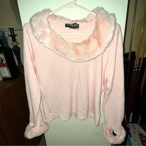 Norton McNaughton Petites pink sweater with faux fur collar and cuffs